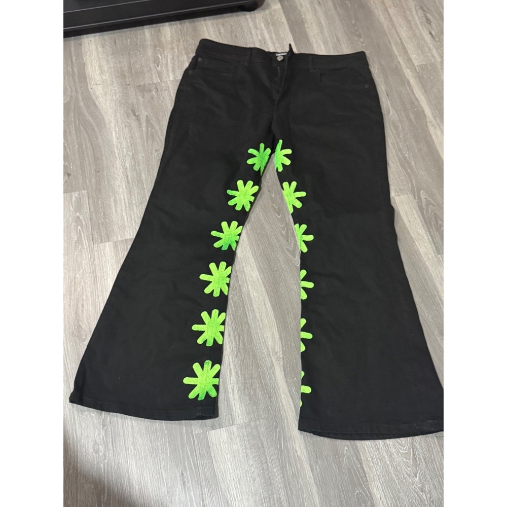 LOSTSHDWS‎ Black Wide Leg Pants 38 Neon Green Flower Applique Rave Y2K USA